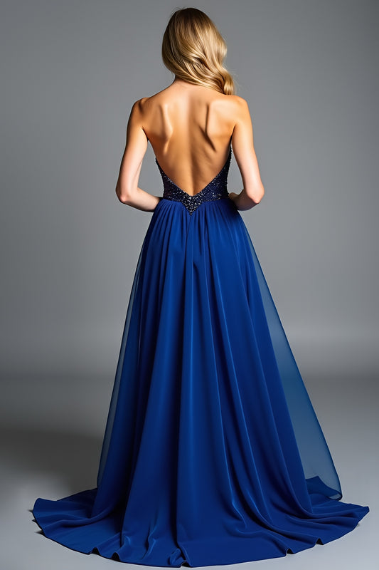 A Line Royal Blue Ruched Long Wedding Guest Dress