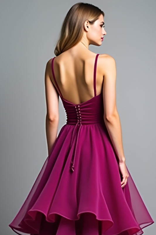 A Line Ruched Dark Purple Long Wedding Guest Dress with Ruffles