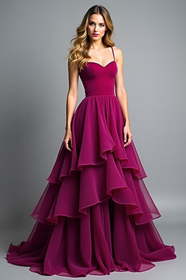 A Line Ruched Dark Purple Long Wedding Guest Dress with Ruffles