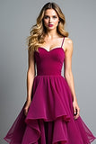 A Line Ruched Dark Purple Long Wedding Guest Dress with Ruffles