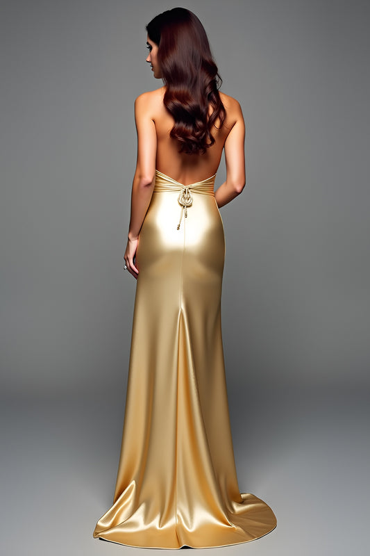 Golden Halter Sheath Long Wedding Guest Dress with Slit