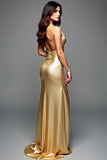 Golden Halter Sheath Long Wedding Guest Dress with Slit