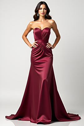 Burgundy Sweetheart Ruched Long Wedding Guest Dress