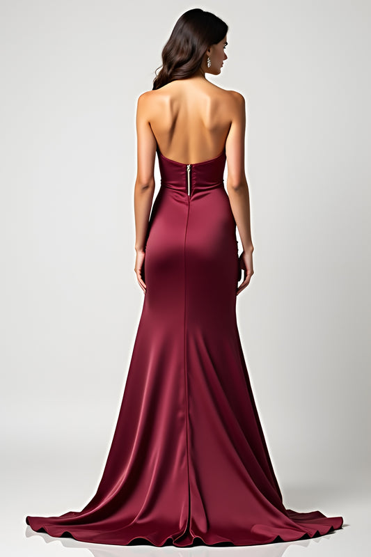 Burgundy Sweetheart Ruched Long Wedding Guest Dress