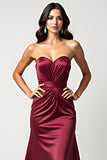 Burgundy Sweetheart Ruched Long Wedding Guest Dress