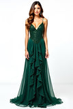 V-Neck Dark Green Spaghetti Straps Long Wedding Guest Dress with Ruffles