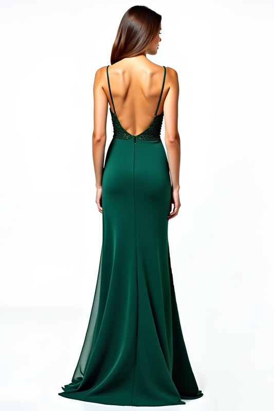 V-Neck Dark Green Spaghetti Straps Long Wedding Guest Dress with Ruffles