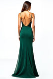 V-Neck Dark Green Spaghetti Straps Long Wedding Guest Dress with Ruffles