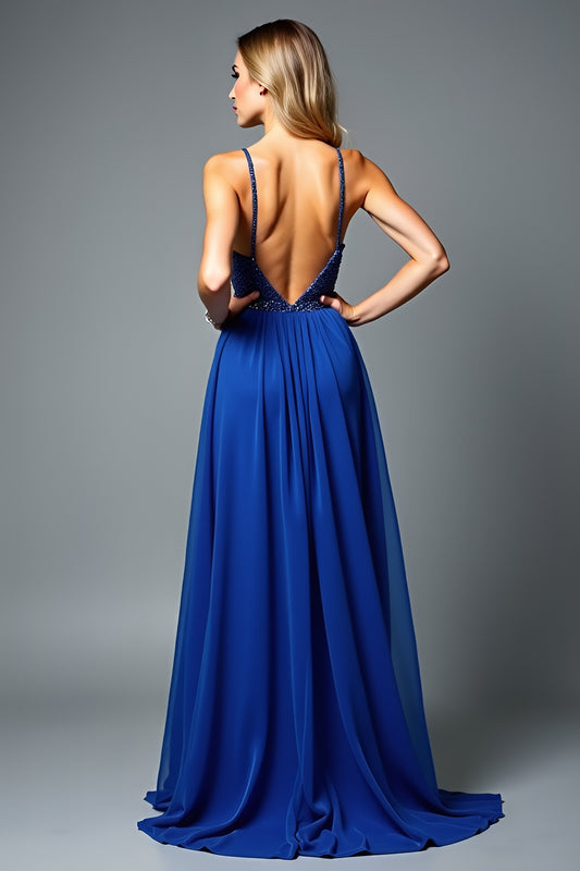 Spaghetti Straps Royal Blue A Line Long Wedding Guest Dress