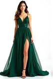 A Line Dark Green Spaghetti Straps Long Wedding Guest Dress with Slit