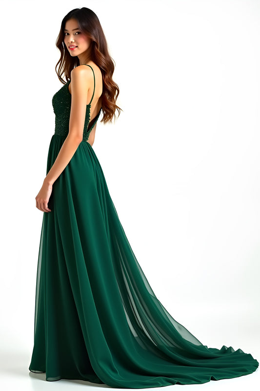 A Line Dark Green Spaghetti Straps Long Wedding Guest Dress with Slit