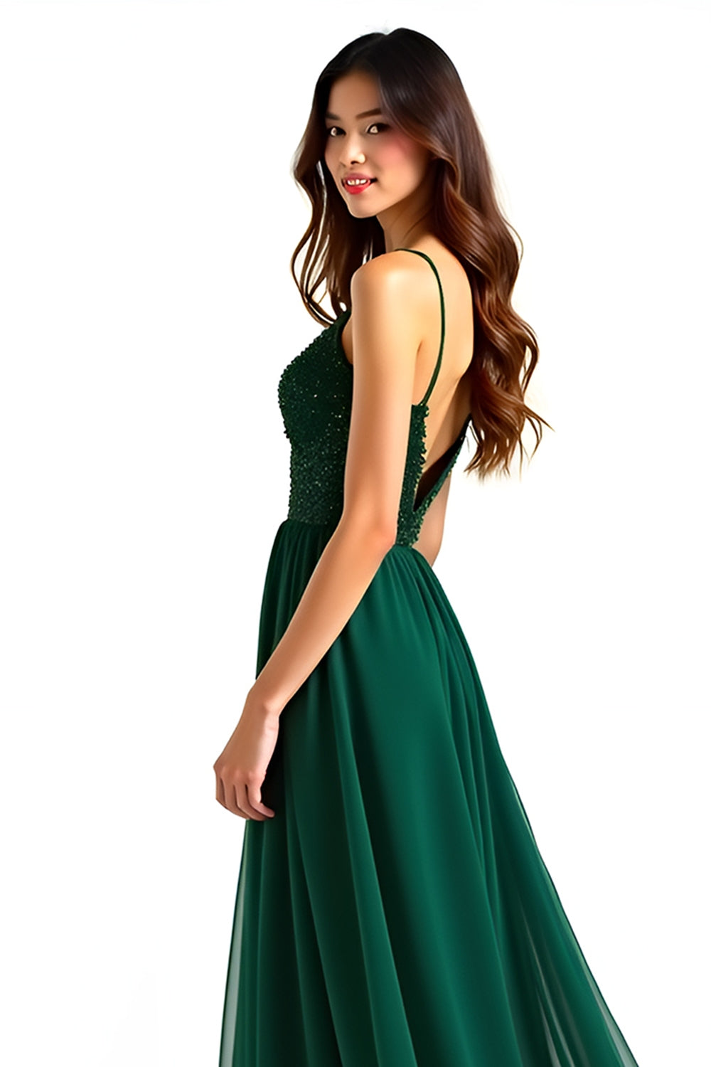 A Line Dark Green Spaghetti Straps Long Wedding Guest Dress with Slit