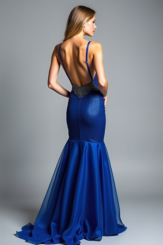 Glitter Royal Blue Spaghetti Straps Long Wedding Guest Dress