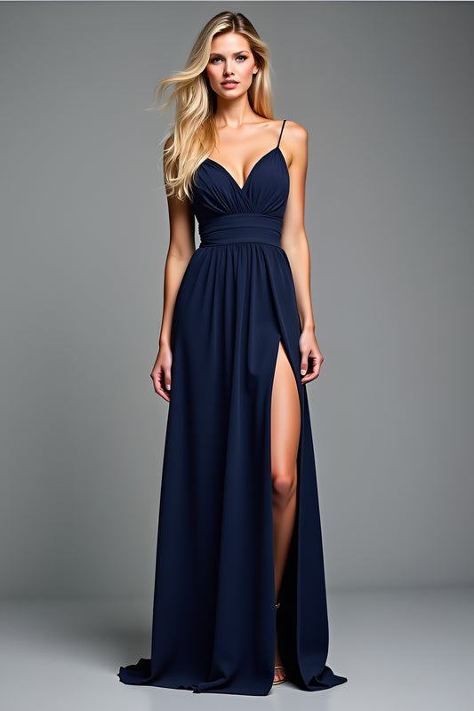 Spaghetti Straps Navy Backless Long Wedding Guest Dress