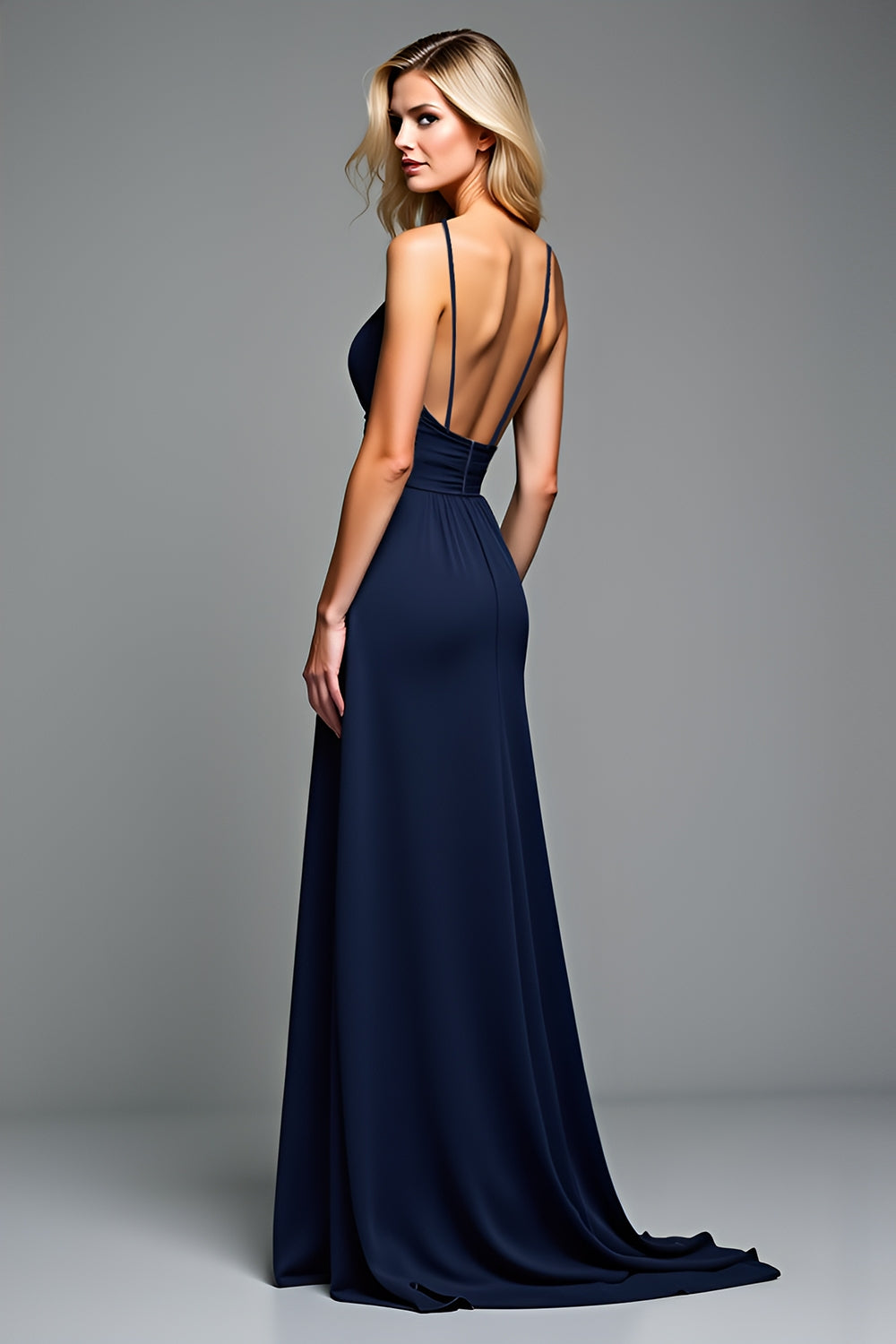 Spaghetti Straps Navy Backless Long Wedding Guest Dress