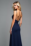 Spaghetti Straps Navy Backless Long Wedding Guest Dress