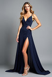 Backless Navy V-Neck Long Wedding Guest Dress with Slit