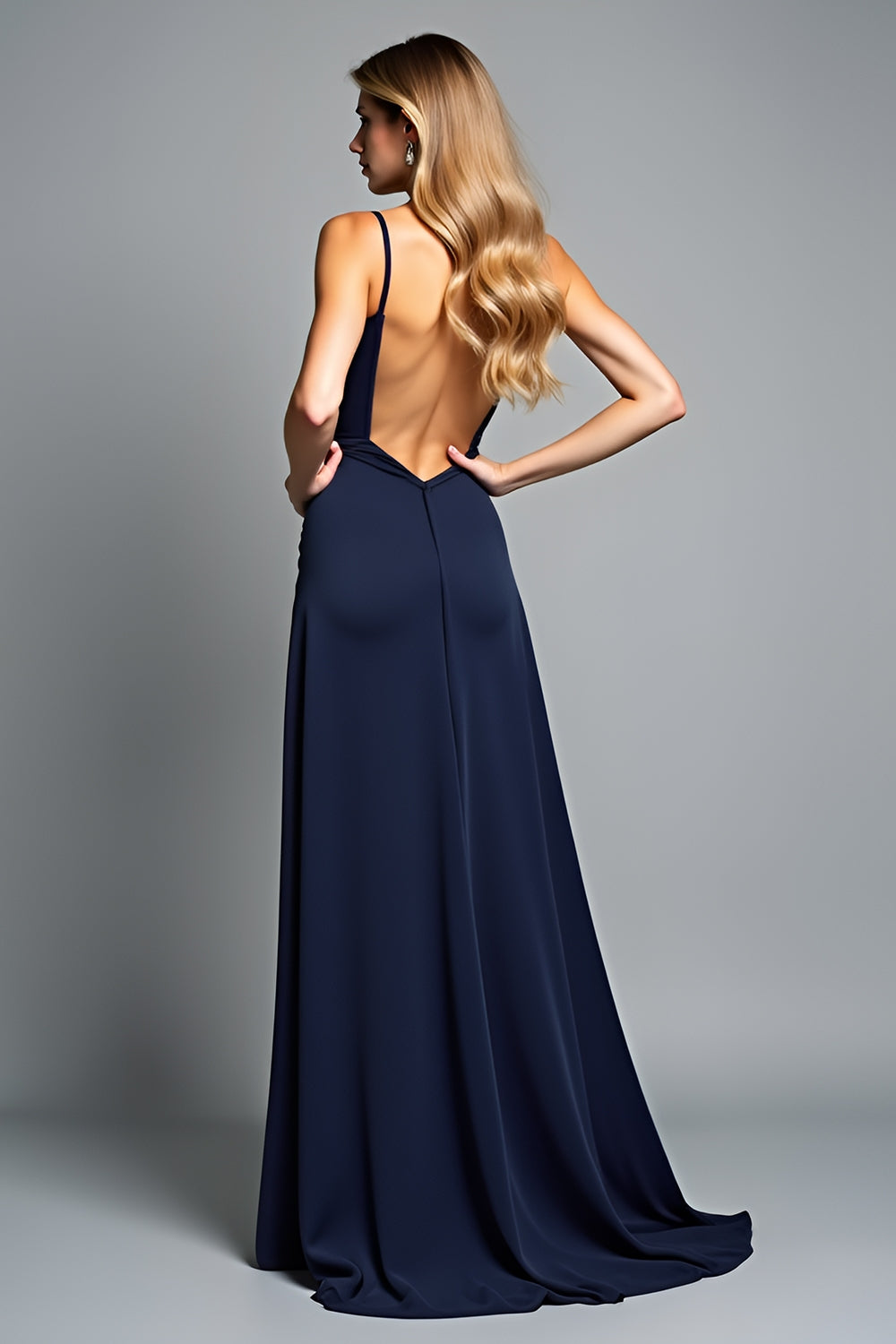 Backless Navy V-Neck Long Wedding Guest Dress with Slit