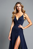 Backless Navy V-Neck Long Wedding Guest Dress with Slit