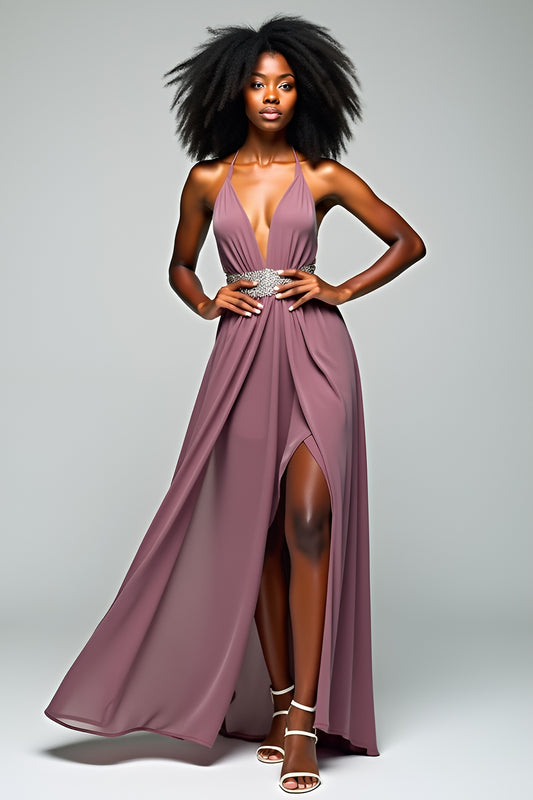 Chiffon Grey Purple Halter Neck Long Wedding Guest Dress with Slit