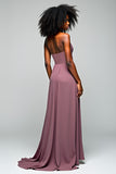 Chiffon Grey Purple Halter Neck Long Wedding Guest Dress with Slit