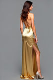 Golden Metallic Halter Long Wedding Guest Dress with Slit