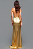 Golden Metallic Halter Long Wedding Guest Dress with Slit