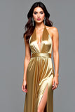 Golden Metallic Halter Long Wedding Guest Dress with Slit