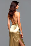 Golden Metallic Halter Long Wedding Guest Dress with Slit