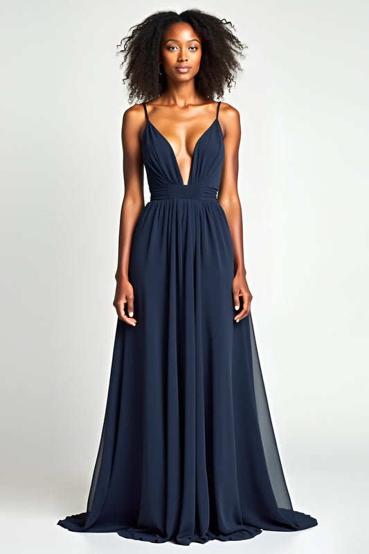 Navy Ruched A Line Long Wedding Guest Dress