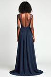 Navy Ruched A Line Long Wedding Guest Dress