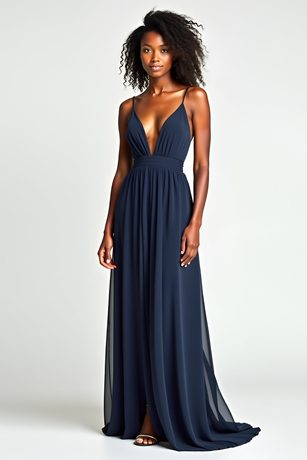 Navy Ruched A Line Long Wedding Guest Dress