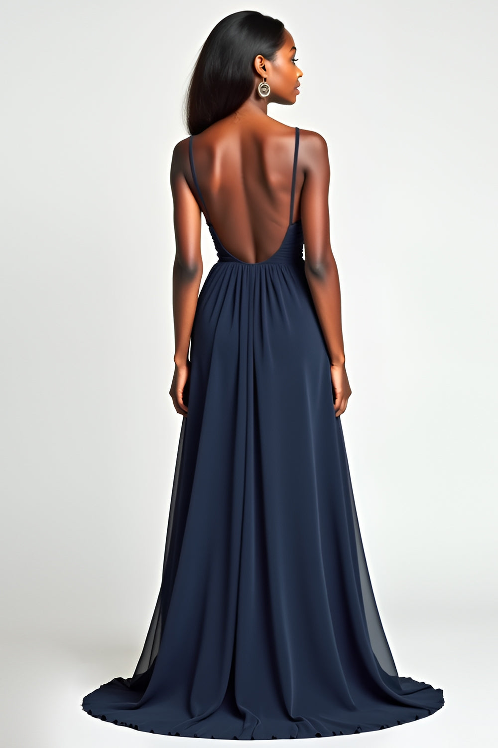 Navy Ruched A Line Long Wedding Guest Dress