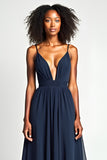 Navy Ruched A Line Long Wedding Guest Dress