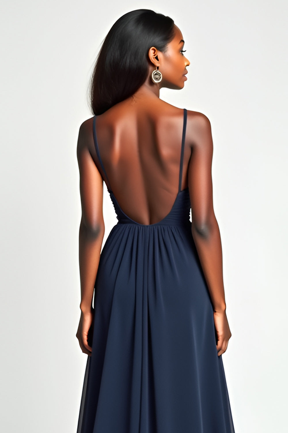 Navy Ruched A Line Long Wedding Guest Dress