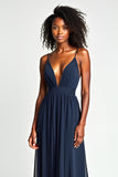 Navy Ruched A Line Long Wedding Guest Dress