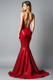 Mermaid Dark Red Glitter Backless Long Prom Dress