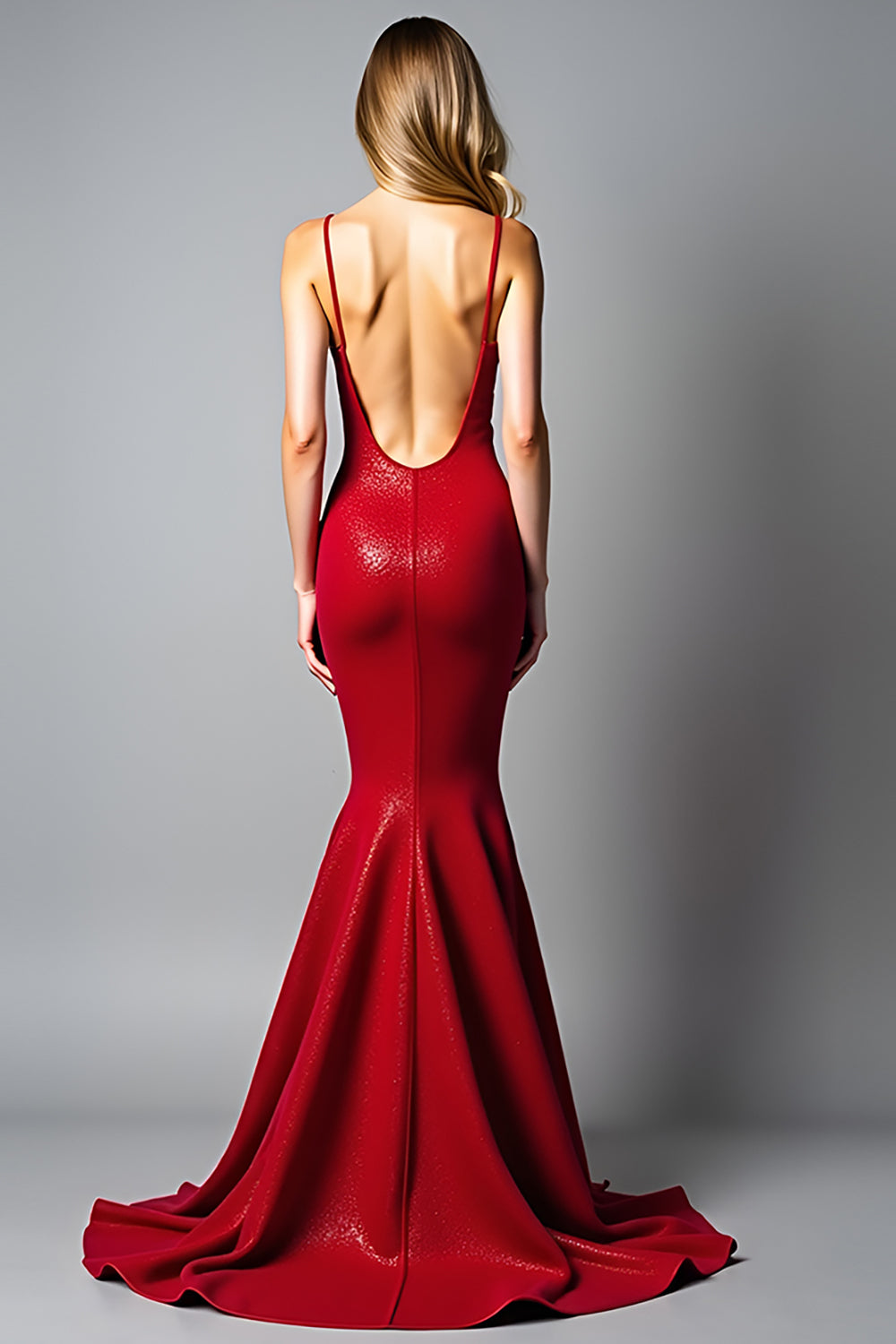 Mermaid Dark Red Glitter Backless Long Prom Dress