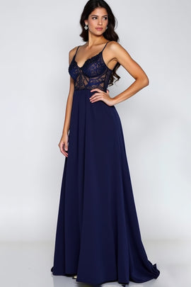 Spaghetti Straps Navy Long Formal Dress with Embroidery