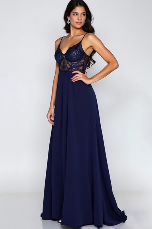 Spaghetti Straps Navy Long Formal Dress with Embroidery