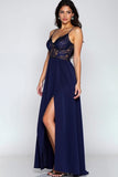 Spaghetti Straps Navy Long Formal Dress with Embroidery