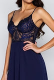 Spaghetti Straps Navy Long Formal Dress with Embroidery