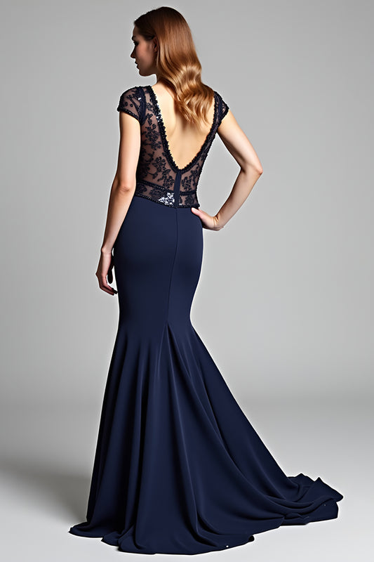 Mermaid Navy Deep V-Neck Long Formal Dress with Cap Sleeves