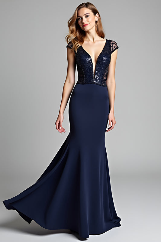 Mermaid Navy Deep V-Neck Long Formal Dress with Cap Sleeves