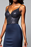 Sparkly Navy Spaghetti Straps Long Formal Dress