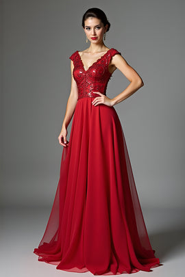 A Line Red V-Neck Backless Long Mother of Bride Dress