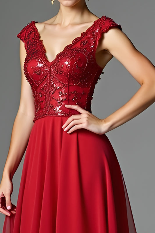 A Line Red V-Neck Backless Long Mother of Bride Dress