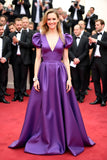 A Line Purple Satin Long Gala Dress with Puff Sleeves