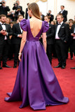 A Line Purple Satin Long Gala Dress with Puff Sleeves