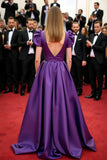 A Line Purple Satin Long Gala Dress with Puff Sleeves